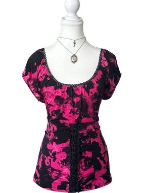 Y2K “Ricki’s” Black and Pink Abstract Print Lace Trim Corset Style Top